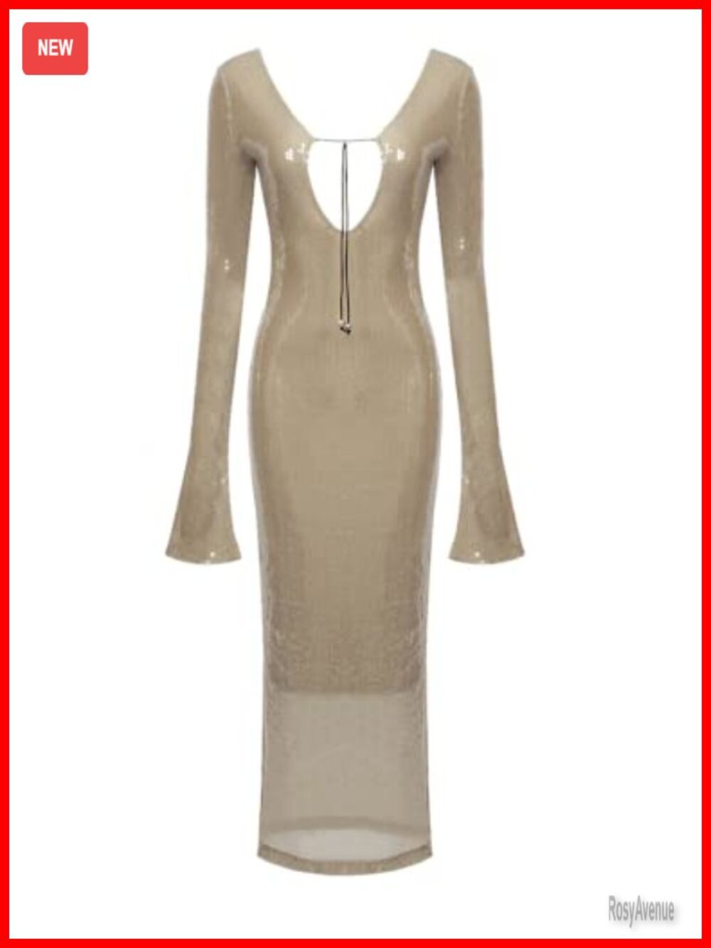 Deep V-Neck Sequin Maxi Dress with Drawstring Long Sleeve